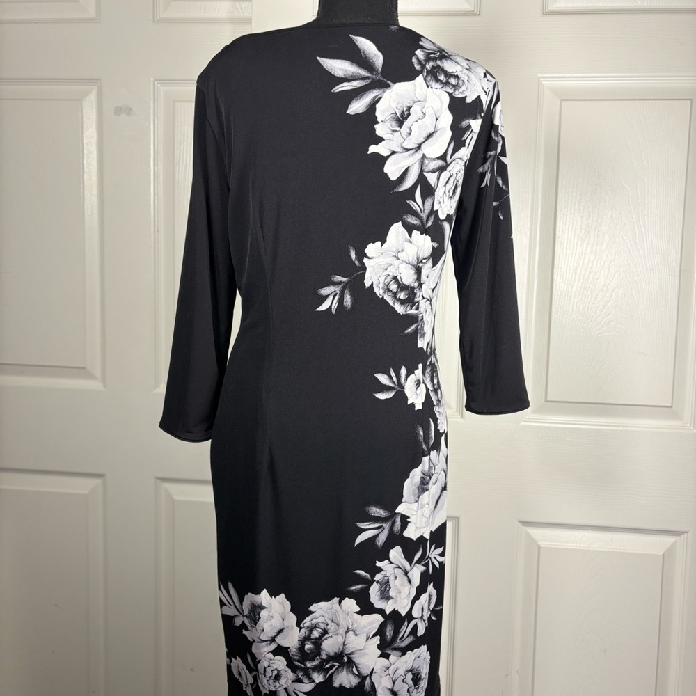 White House Black Market Asymmetrical Black Dress with White Floral Design - Picture 5 of 13